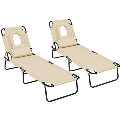 Outsunny Outdoor Foldable Sun Lounger Set of 2, 4 Level Adjustable Backrest Reclining Sun Lounger Chair with Pillow and Reading Hole, Sand 