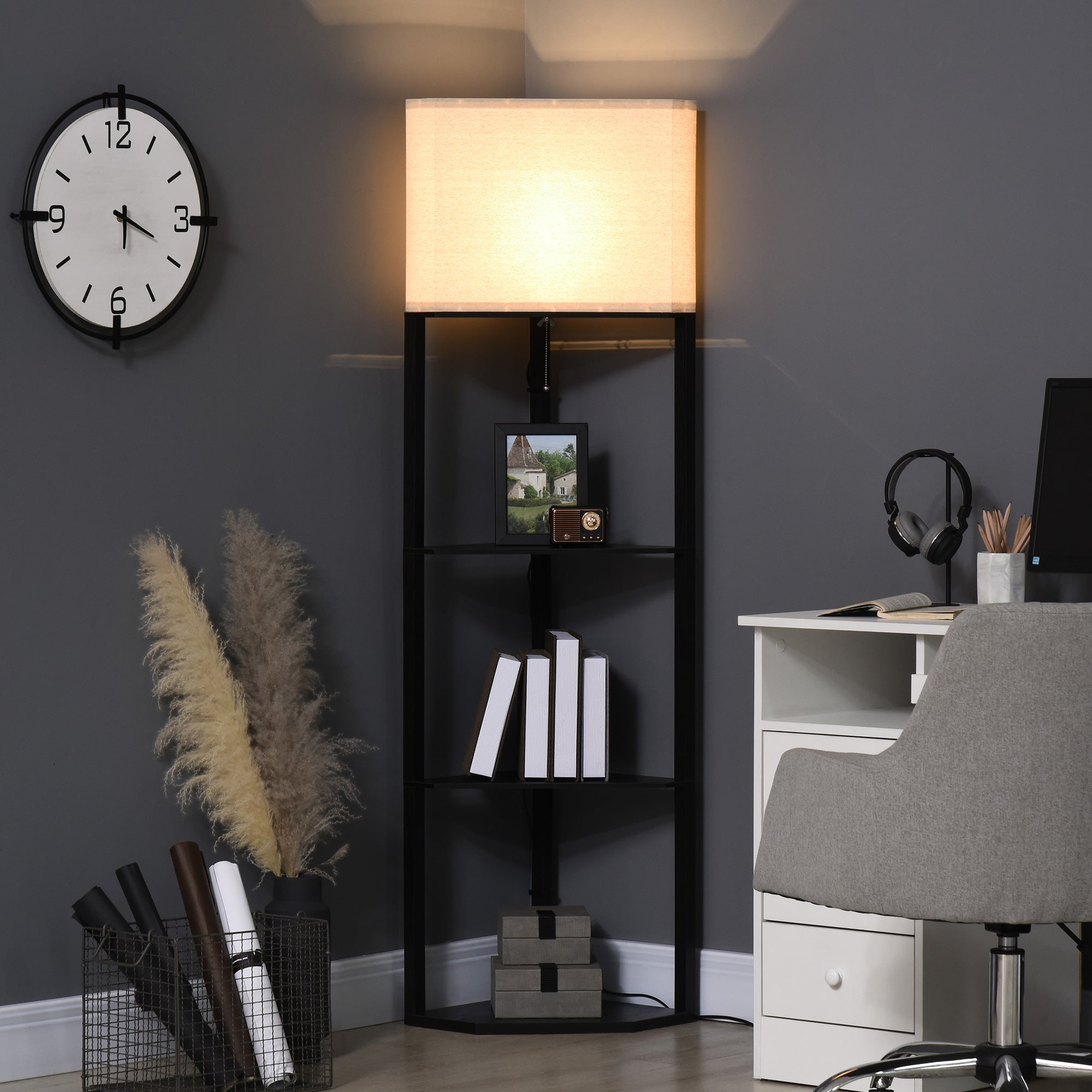 HOMCOM Corner Floor Lamp with Shelves, Modern Tall Standing Lamps for Living Room, Bedroom, with Chain Switch Bulb not Included, Black 