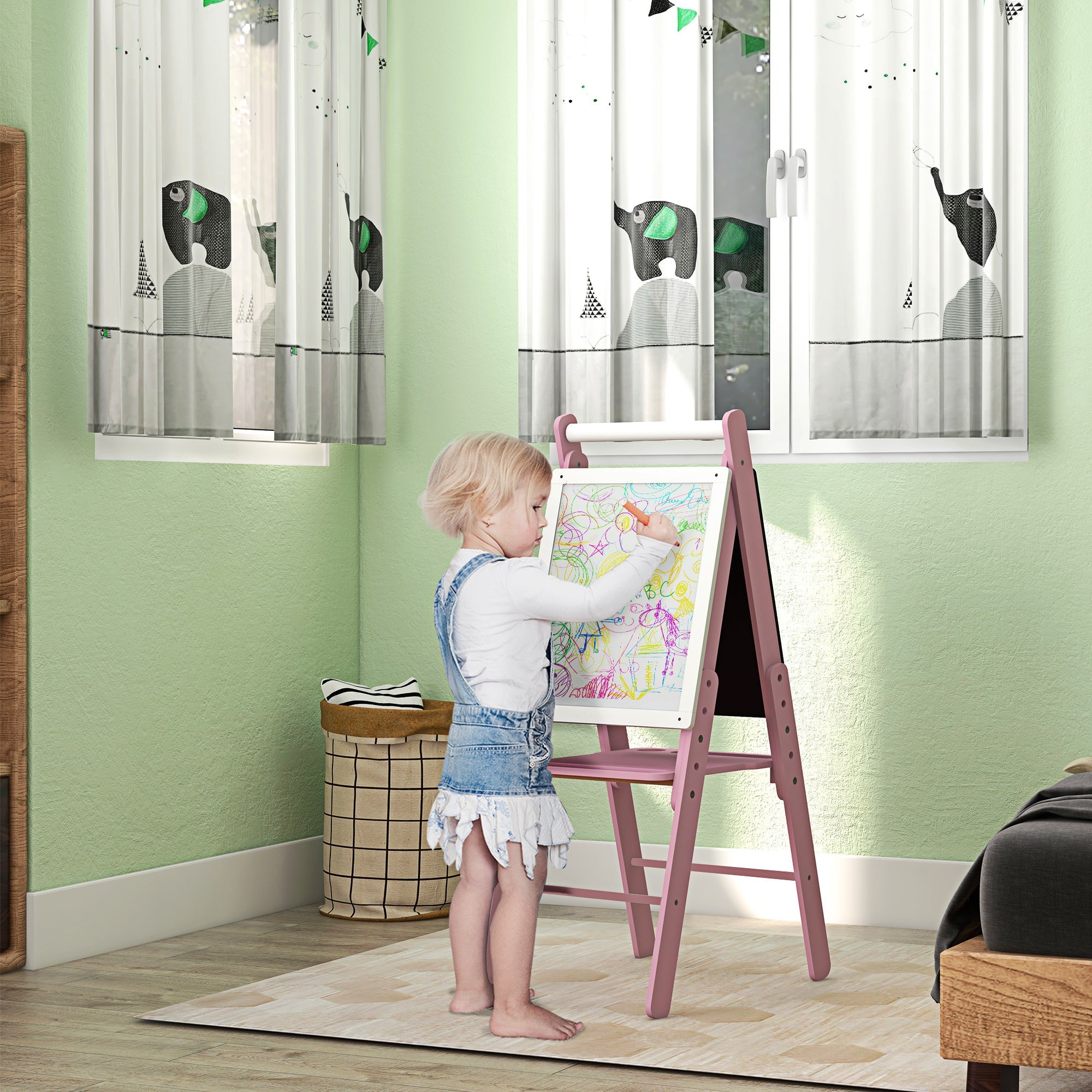 AIYAPLAY Three-In-One Easel for Kids, with Paper Roll, Adjustable Height - Pink 