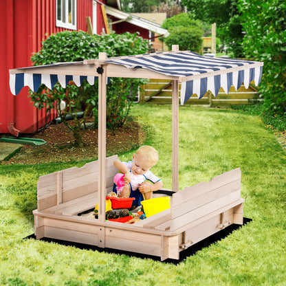 Outsunny Kids Wooden Sand Pit with Lids Children Sandbox Height Adjustable Canopy for Garden, Convertible Bench Seat Outdoor Backyard Playset, Blue and White Canopy 