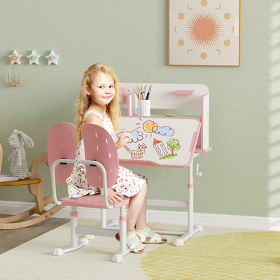 AIYAPLAY Height Adjustable Kids Desk and Chair Set, Children School Study Desk with Tiltable Desktop, Reading Rack,  Pink 