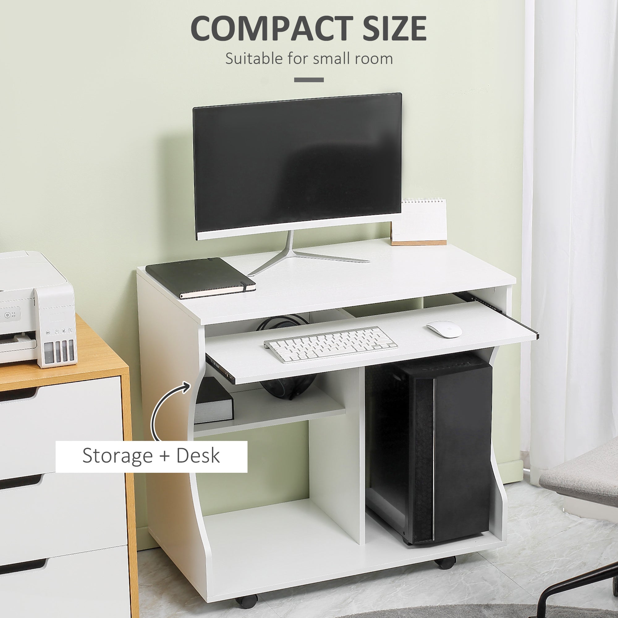 HOMCOM Multi-Storage Compact Work Desk, with Wheels - White 