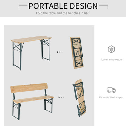 Outsunny Portable Folding Camping Picnic Trestle Beer Table and 2 Bench Set Wooden Garden Furniture Patio Dining Party BBQ Chairs Stools 