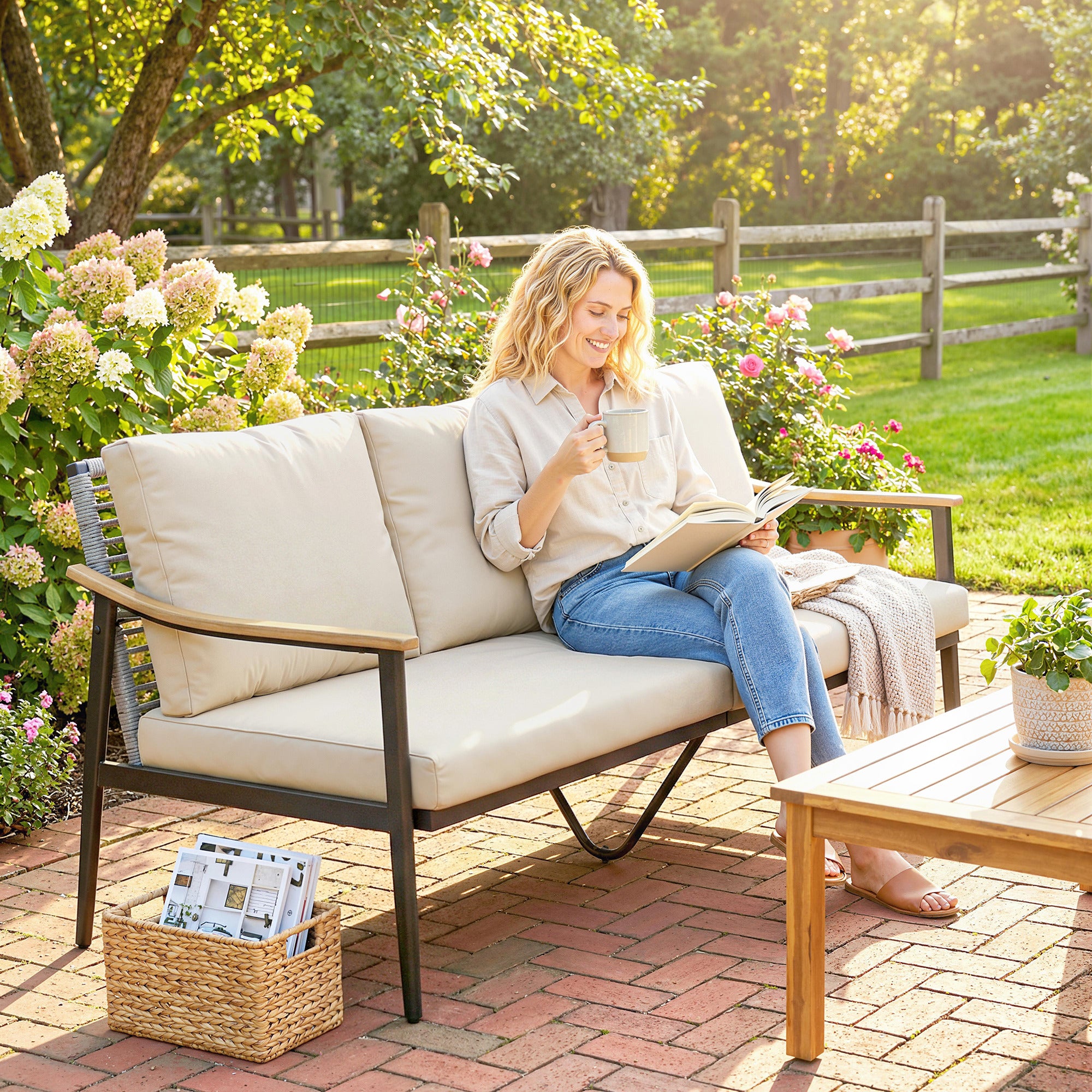 Outsunny 3 Seater Rattan Sofa, Outdoor Garden Sofa with Wood-Effect Armrests, Cushions for Patio, Balcony, Khaki 