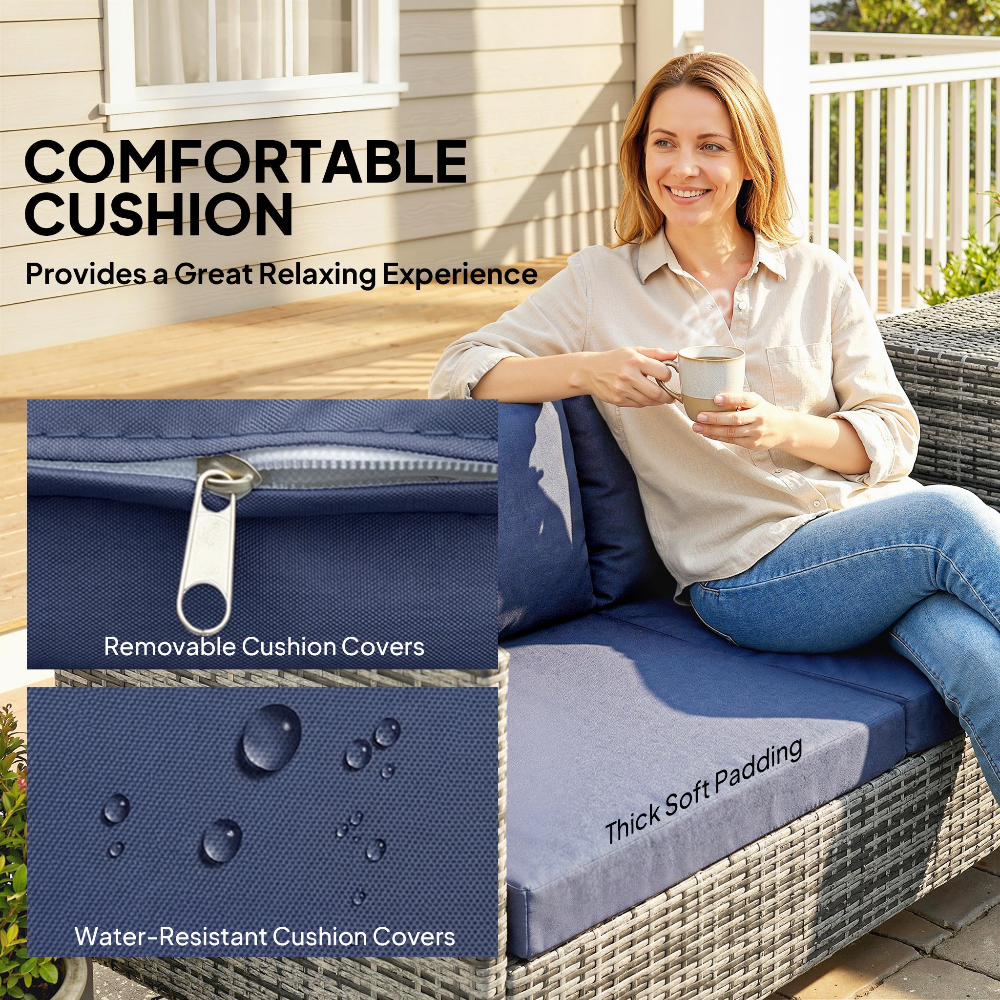 Outsunny 4 Piece Rattan Garden Furniture Set, Outdoor Corner Sofa Set with Storage Table, Loveseats, Cushions - Dark Blue 