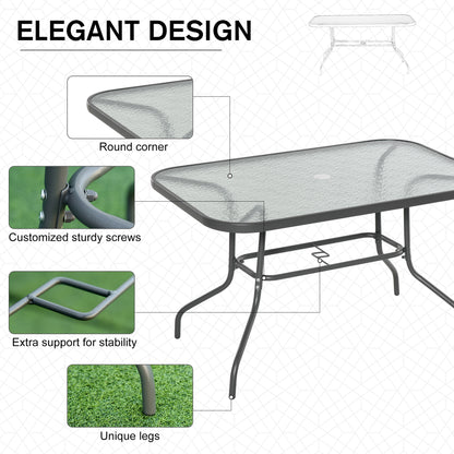 Outsunny Garden Dining Table Glass Top Metal Frame with Parasol Hole Outdoor Balcony Grey 120L x 80Wcm 