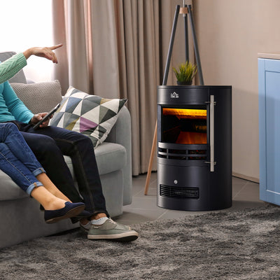 HOMCOM 1000W/2000W Freestanding Electric Fireplace, Indoor Heater Fire Stove with Log Burner Effect Flame, Thermostat Control 