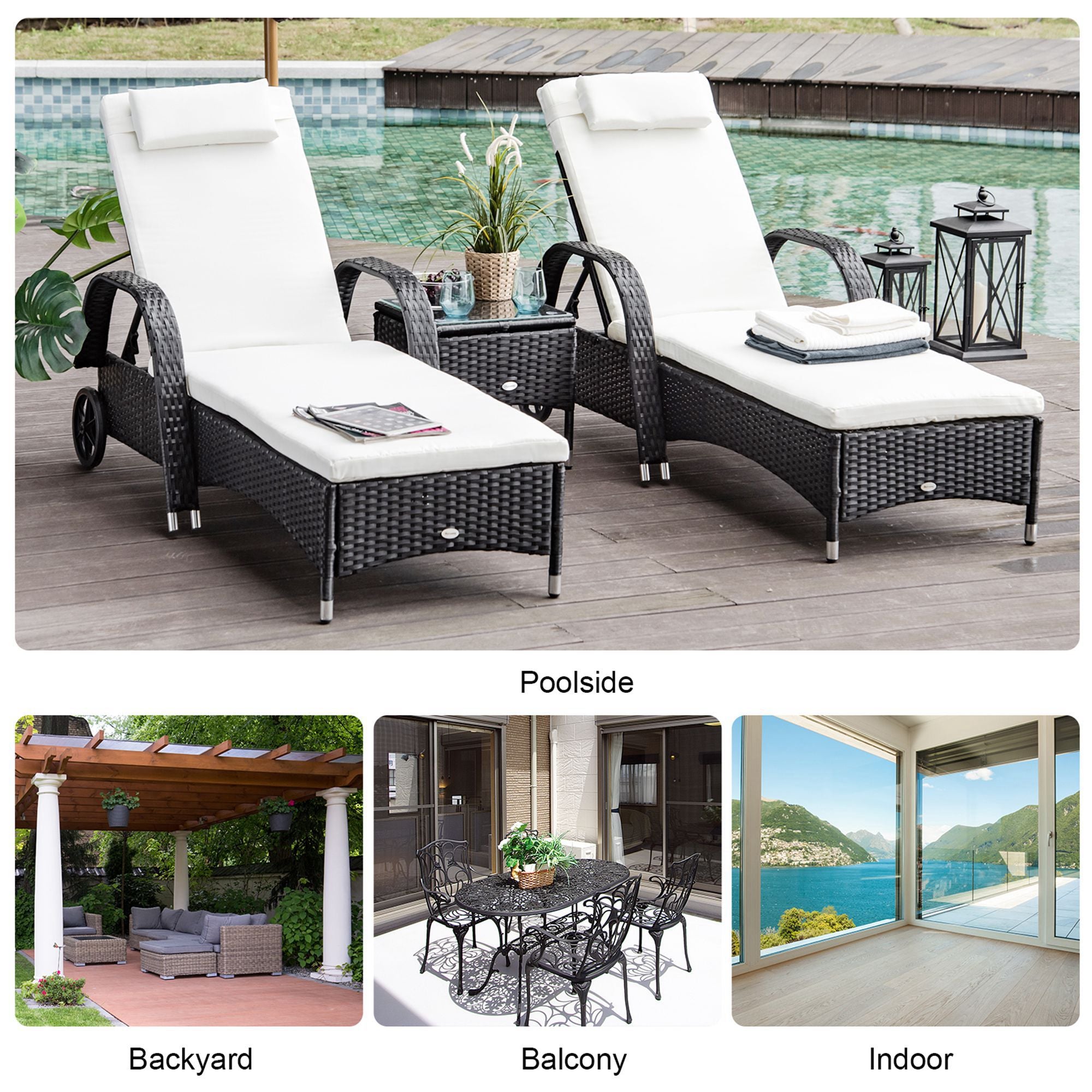 Outsunny 2 Seater Rattan Sun Lounger Set with Side Table Black 