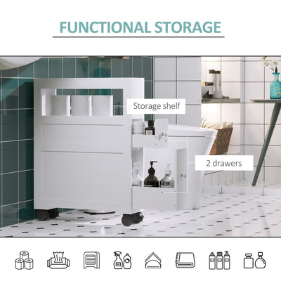 HOMCOM 72x16cm Narrow Bathroom Storage Unit w/ 2 Drawers Open Top 4 Wheels Slimline Modern Rolling Home Organisation 