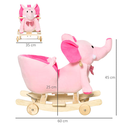 HOMCOM 2 In 1 Plush Baby Ride on Rocking Horse Elephant Rocker with Wheels Wooden Toy for Kids 32 Songs for 18+ Months (Pink) 