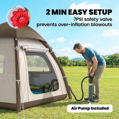 Outsunny Inflatable Camping Tent with Rainfly, 3 Man Air Tent 3000mm Waterproof Blow Up Tents, Cream 