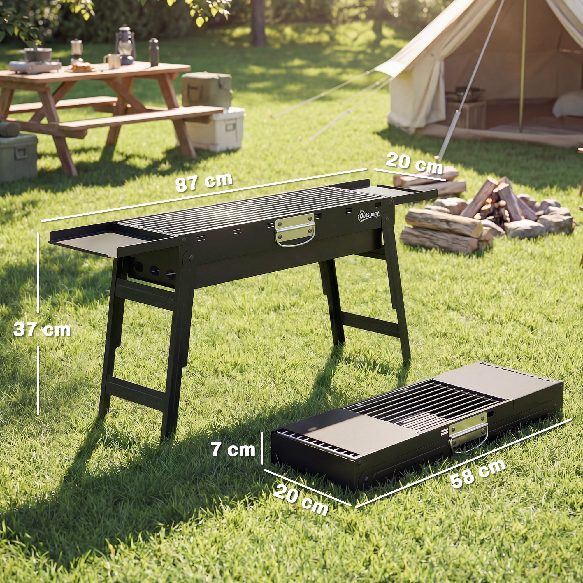 Outsunny Portable BBQ Grill, Foldable Charcoal Grill for Camping and Picnics with 2 Side Shelves and Handle, Black 