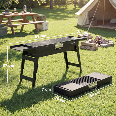 Outsunny Portable BBQ Grill, Foldable Charcoal Grill for Camping and Picnics with 2 Side Shelves and Handle, Black 