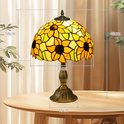 HOMCOM Stained Glass Table Lamp, Handmade Antique Bedside Lamp for Bedroom, Living room, Home, Nightstand, Decorative Night Light, Orange Sunflower 