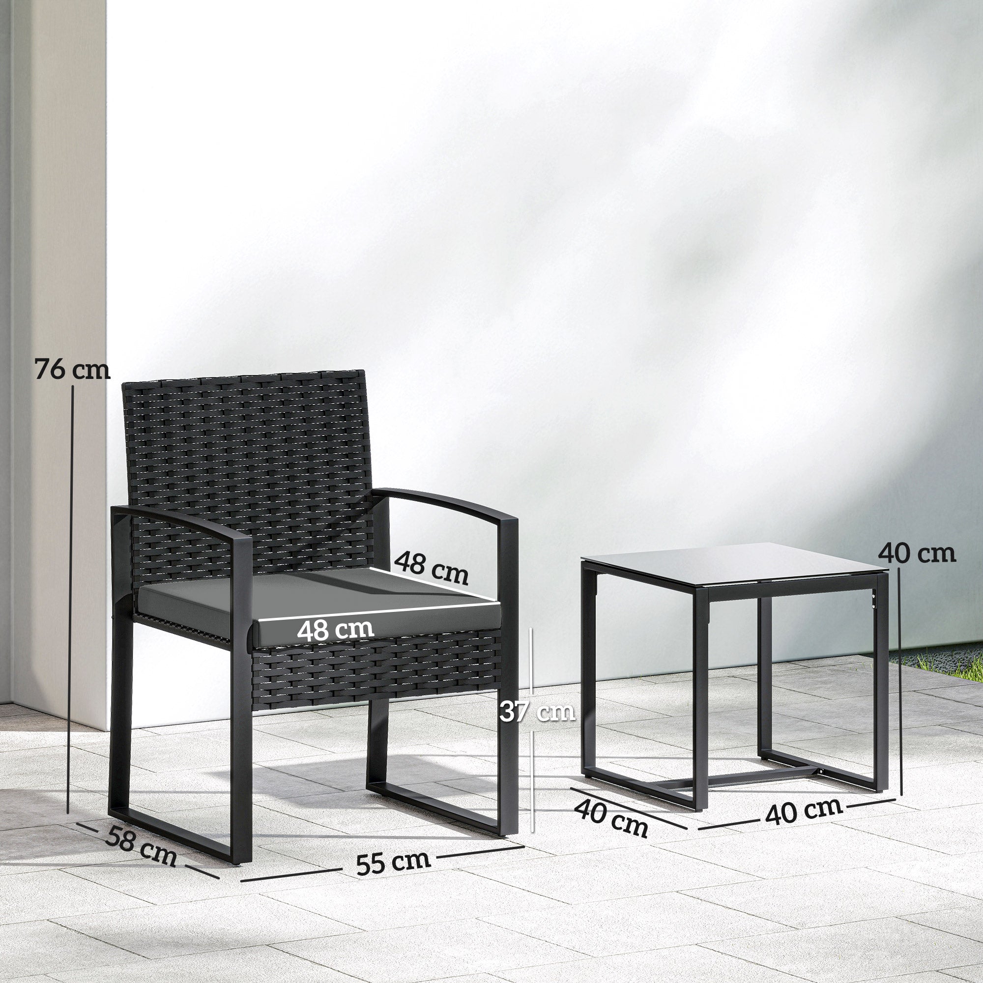 Outsunny Rattan Bistro Set, 3 Piece Garden Furniture Set with Glass Top Table and Cushions, Dark Grey 