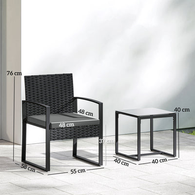 Outsunny Rattan Bistro Set, 3 Piece Garden Furniture Set with Glass Top Table and Cushions, Dark Grey 