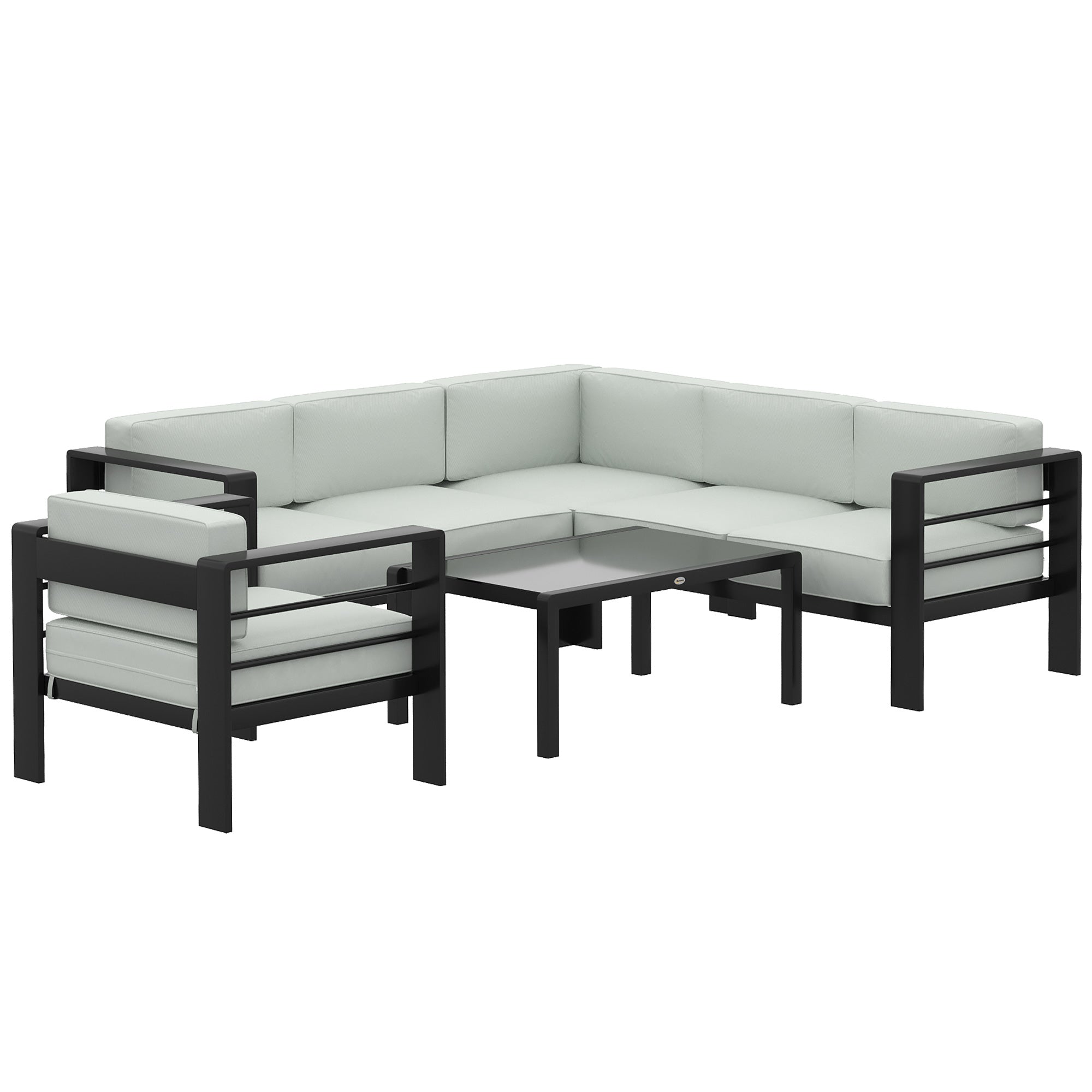 Outsunny 5-Piece Garden Corner Sofa Set with Cushions, 6 Seater Aluminium Garden Furniture Set with Coffee Table, Light Grey 