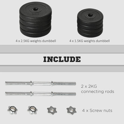 HOMCOM 20KG Adjustable Weights Dumbbells Set, Dumbbell Hand Weights for Home Office Gym Body Fitness Lifting Training, Black 