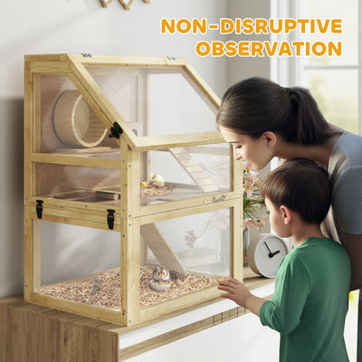 PawHut Wooden Hamster Cage with Detachable 32cm Deep Bottom, Hut, Seesaw, Exercise Wheel, Ramps, 60 x 40 x 75cm 