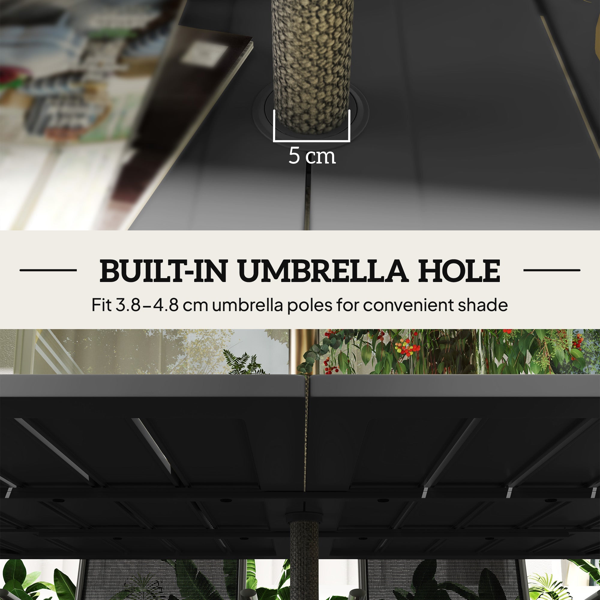 Outsunny Garden Table with Parasol Hole for 6 Person, Rectangle Outdoor Dining Table with Slatted Metal Tabletop, Steel Frame for Patio, Balcony, 150 x 90 x 73 cm, Black 