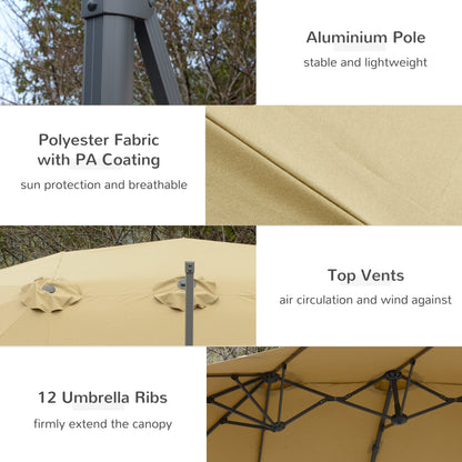 Outsunny 4.5\'c2\'a0m Patio Parasol, Large Double-Sided Rectangular Garden Umbrella with Crank Handle, 360\'c2\'b0 Cross Base for Bench, Outdoor, Khaki