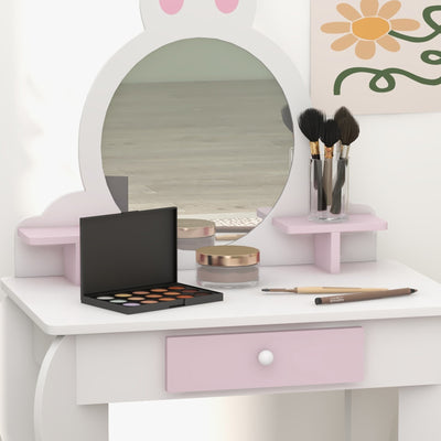 ZONEKIZ Bunny-Design Kids Dressing Table, with Mirror and Stool - White and Pink 