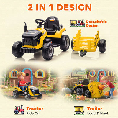 AIYAPLAY 12V Ride on Tractor and Trailer with Remote Control, Music, Shifter, Start-Up Sound, for Kids Ages 3-8 Years, Yellow 