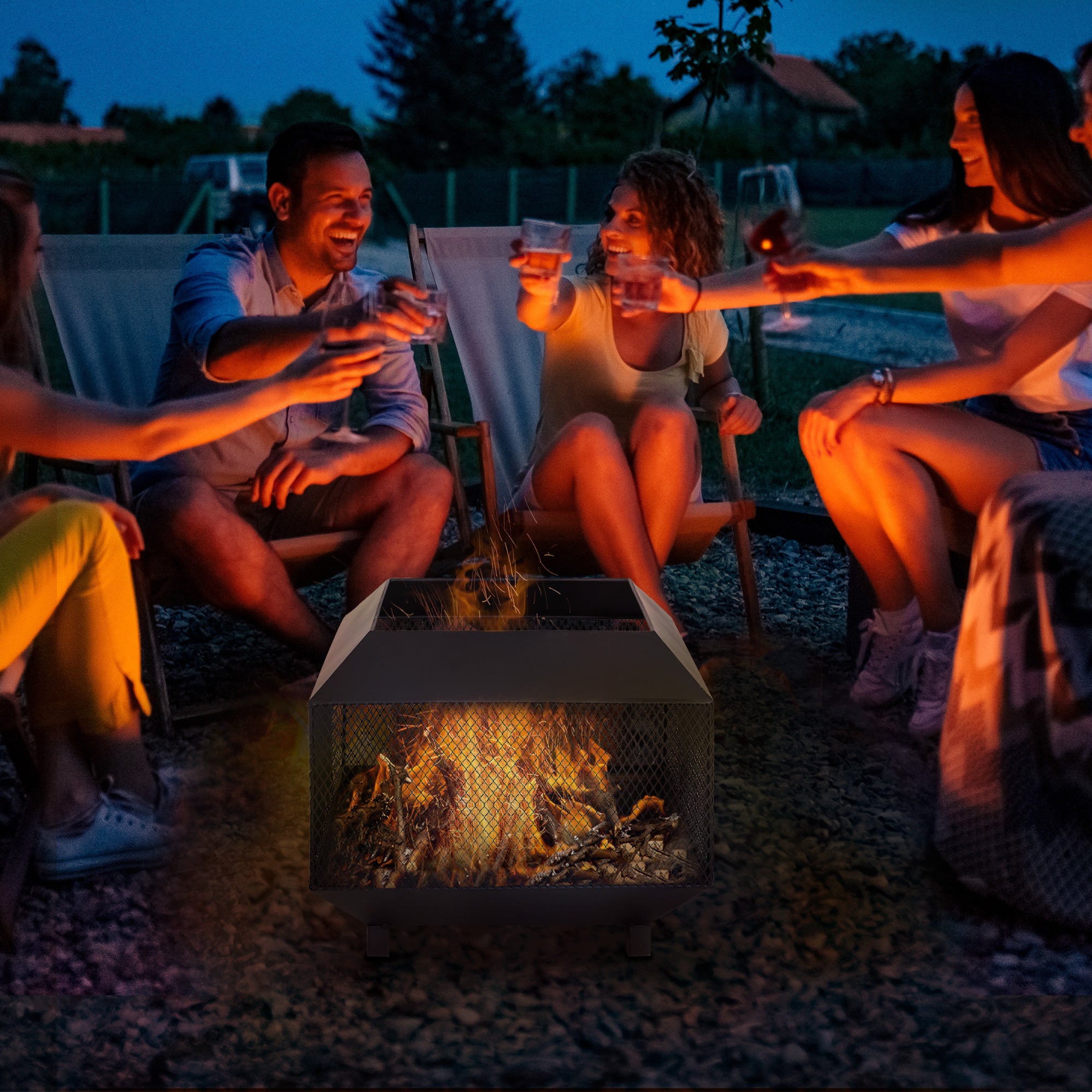 Outsunny Metal Square Fire Pit Outdoor Mesh Firepit Brazier w/ Lid, Log Grate, Poker for Backyard, Camping, Bonfire, Wood Burning Stove, 44 x 44 x 40cm, Black 
