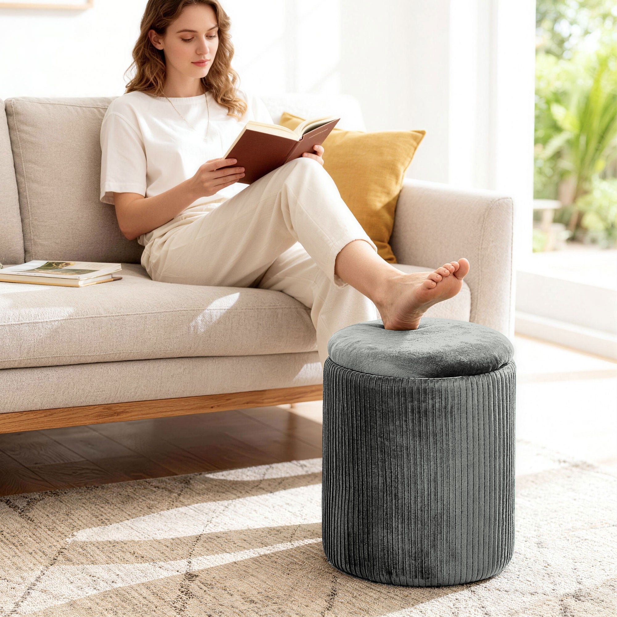 HOMCOM Storage Ottoman Modern Velvet Round Foot Stool for Living Room Bedroom 45 cm Grey 
