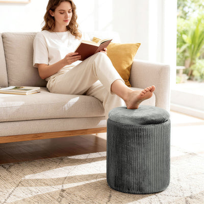HOMCOM Storage Ottoman Modern Velvet Round Foot Stool for Living Room Bedroom 45 cm Grey 