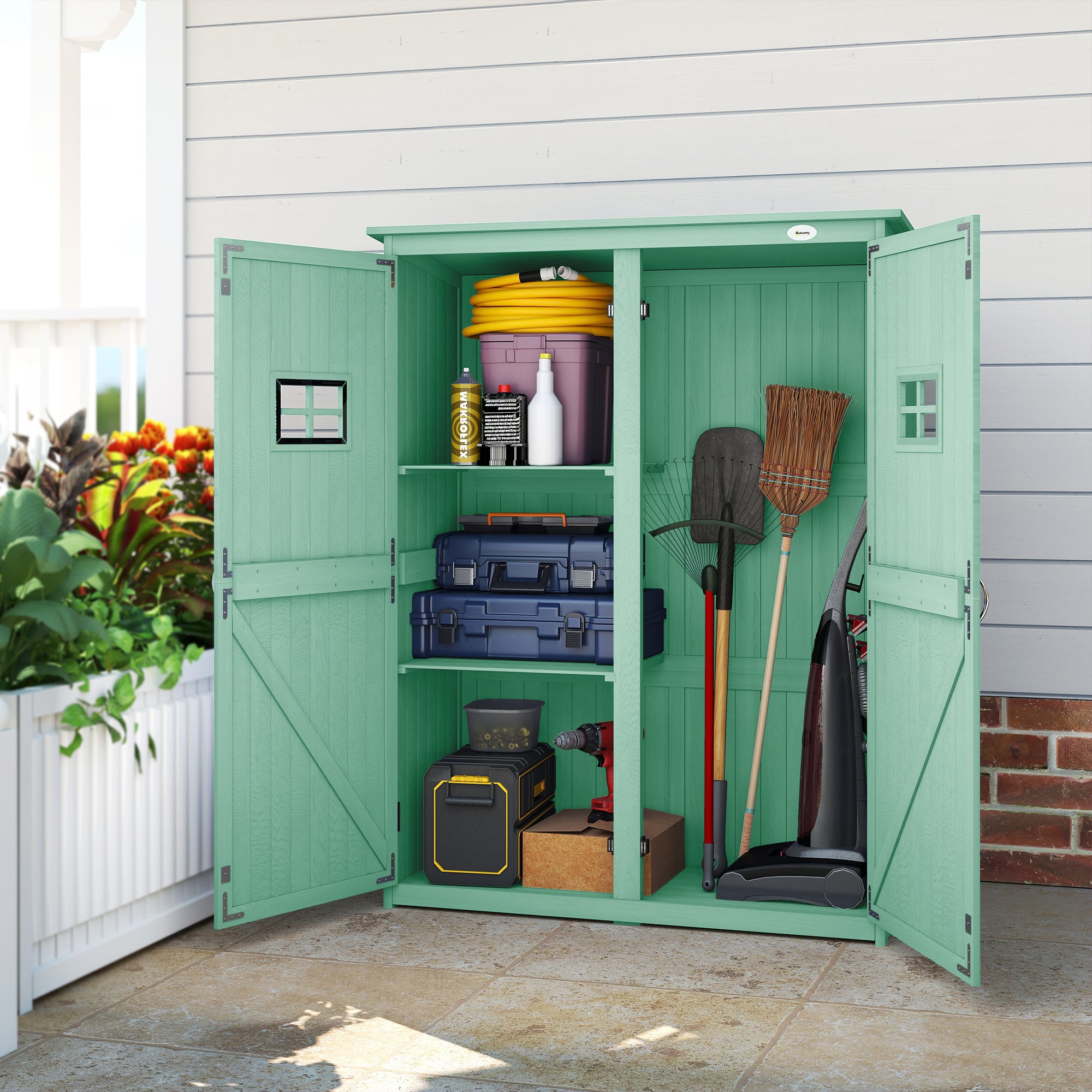 Outsunny Wooden Garden Shed with Two Windows, Tool Storage Cabinet, Outdoor Double Door organiser 127.5L x 50W x 164H cm, Green 