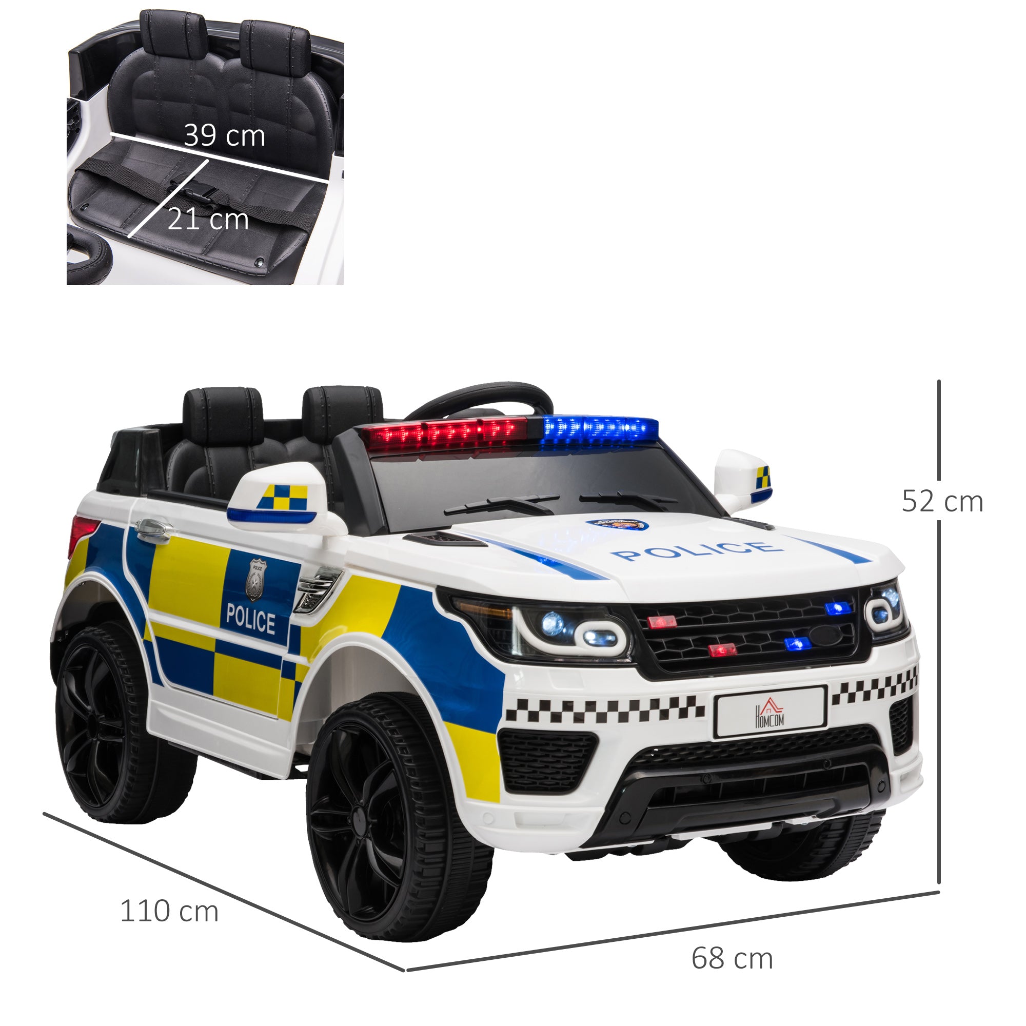 HOMCOM 12V Kids Electric Ride On Police Car 2 Motors with Parental Remote Control Siren Flashing Lights USB Portable for 3-6 Years White 