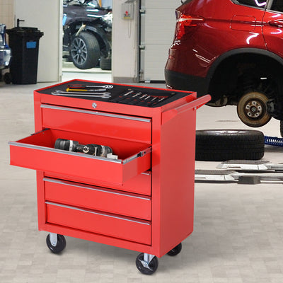 DURHAND 5-Drawer Lockable Tool Storage Cabinet with Wheels, Handle, 2 Keys, Steel Home Work DIY Workshop Chest, Garage Equipment Trolley, Red 