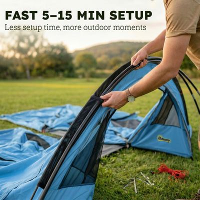 Outsunny 4 Person Easy Setup Family Camping Tent with 2 Rooms, Waterproof Tunnel Tent w/ Sewn In Groundsheet, Sky Blue & Grey