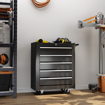 HOMCOM 5-Drawer Tool Chest with Wheels, Steel Lockable Tool Storage Cabinet with Handle, 2 Keys for Garage, Workshop, Black 