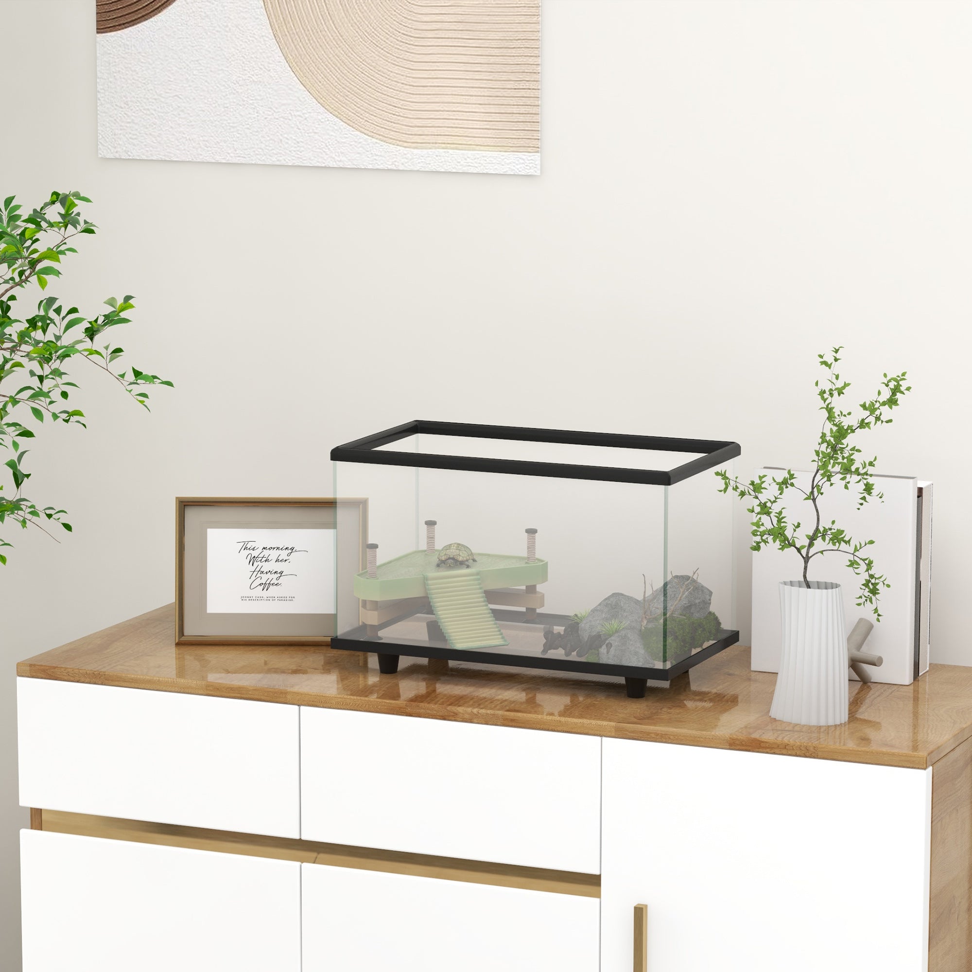 PawHut 28L Glass Turtle Tank Aquarium with Basking Platform, Easy Drainage, Strip Patch Thermometer 