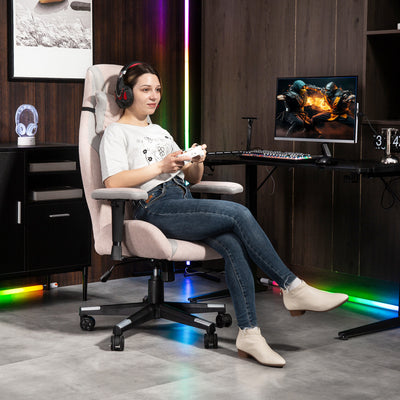 HOMCOM Fabric Gaming Chair with Lumbar Support, Headrest - Pale Pink 