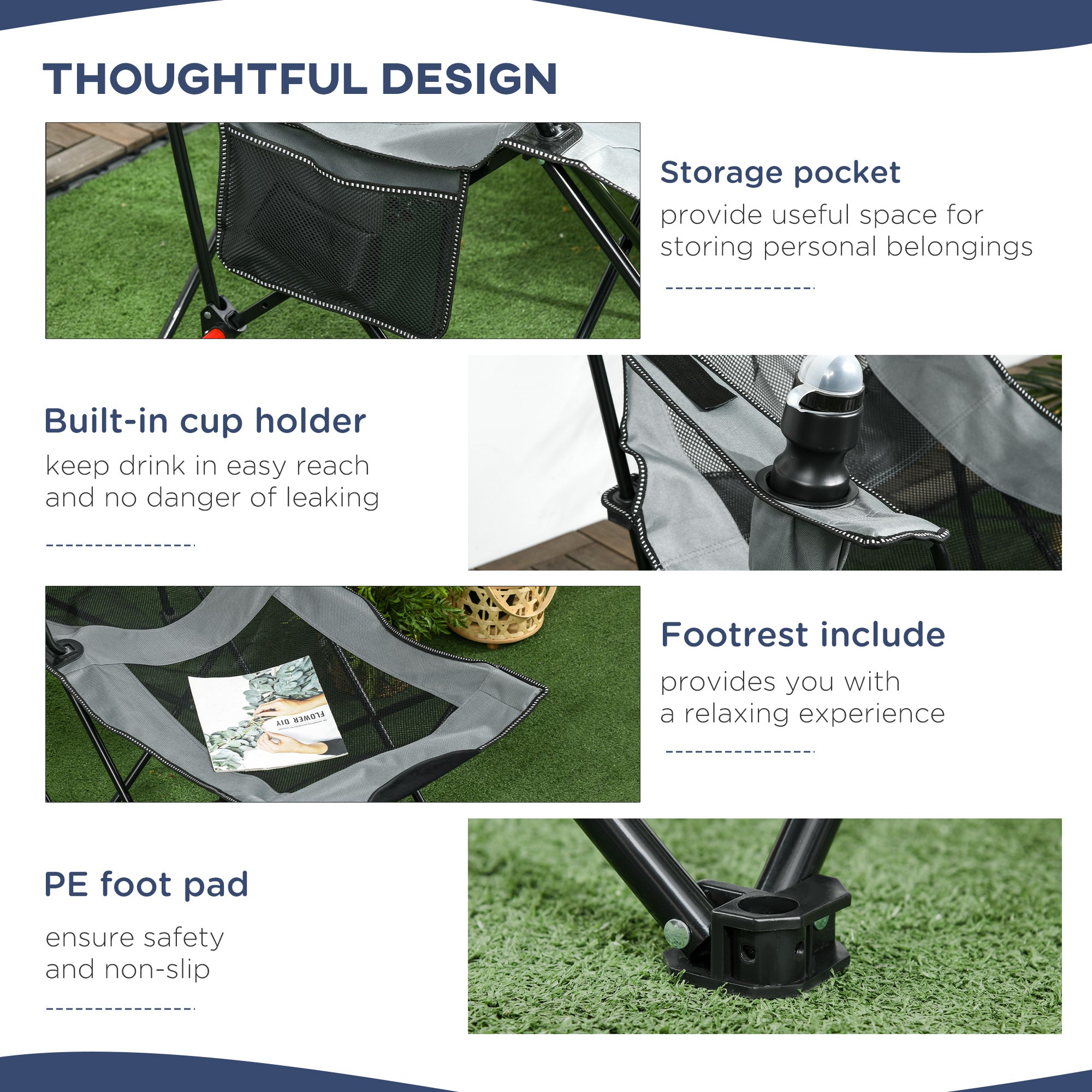 Outsunny Foldable Reclining Garden Chairs with Footrest and Adjustable Backrest, Portable Camping Chair with Headrest, Cup Holder, Side Pocketand Carry Bag for Outdoor, Grey 