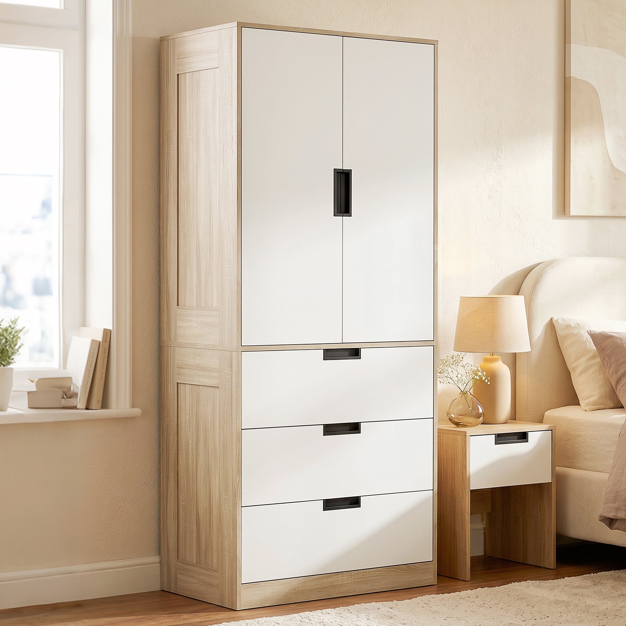 HOMCOM Modern Clothes Storage Cupboard Unit, 3 Drawer 2 Door Wardrobe with Hanging Rod, Oak