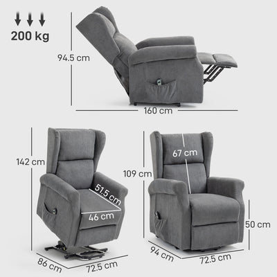 HOMCOM Power Lift Recliner Armchair, Electric Lift Chair for Elderly, Fabric Riser and Reclining Chair with Remote Control, Side Pockets, Extended Footrest, for Living Room, Charcoal Grey 