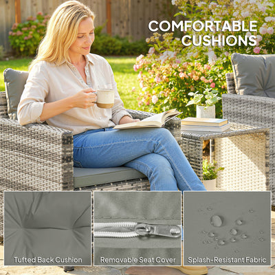 Outsunny Rattan Bistro Set, 3 Piece Garden Furniture Set with 2 Tier Glass Top Table and Cushions, Mixed Grey 