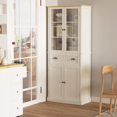 HOMCOM Freestanding Kitchen Cupboard, 5-tier Storage Cabinet with Adjustable Shelves and Drawer for Living Room, Dining Room, Cream White 