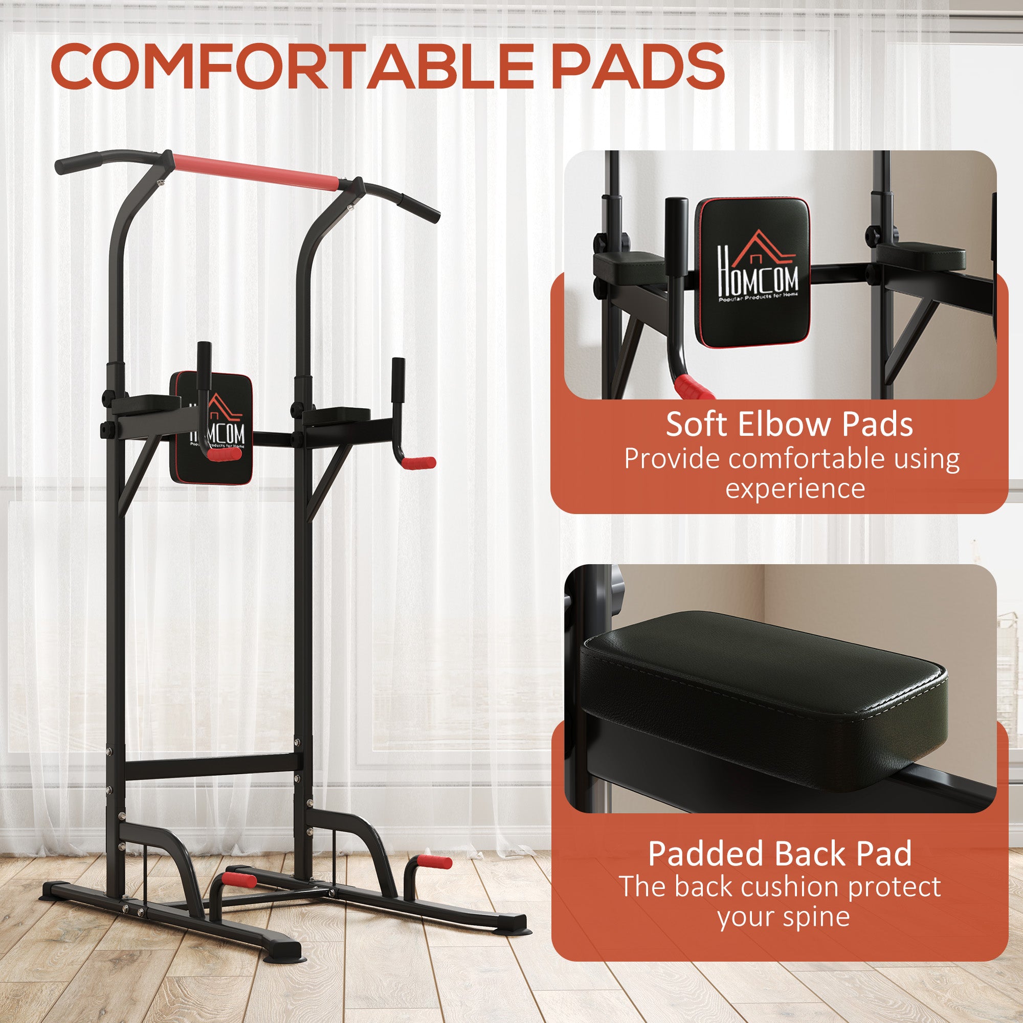 HOMCOM Power Tower Station with Dip Stand, Pull Up Bar Home Office Gym Training Workout Equipment 