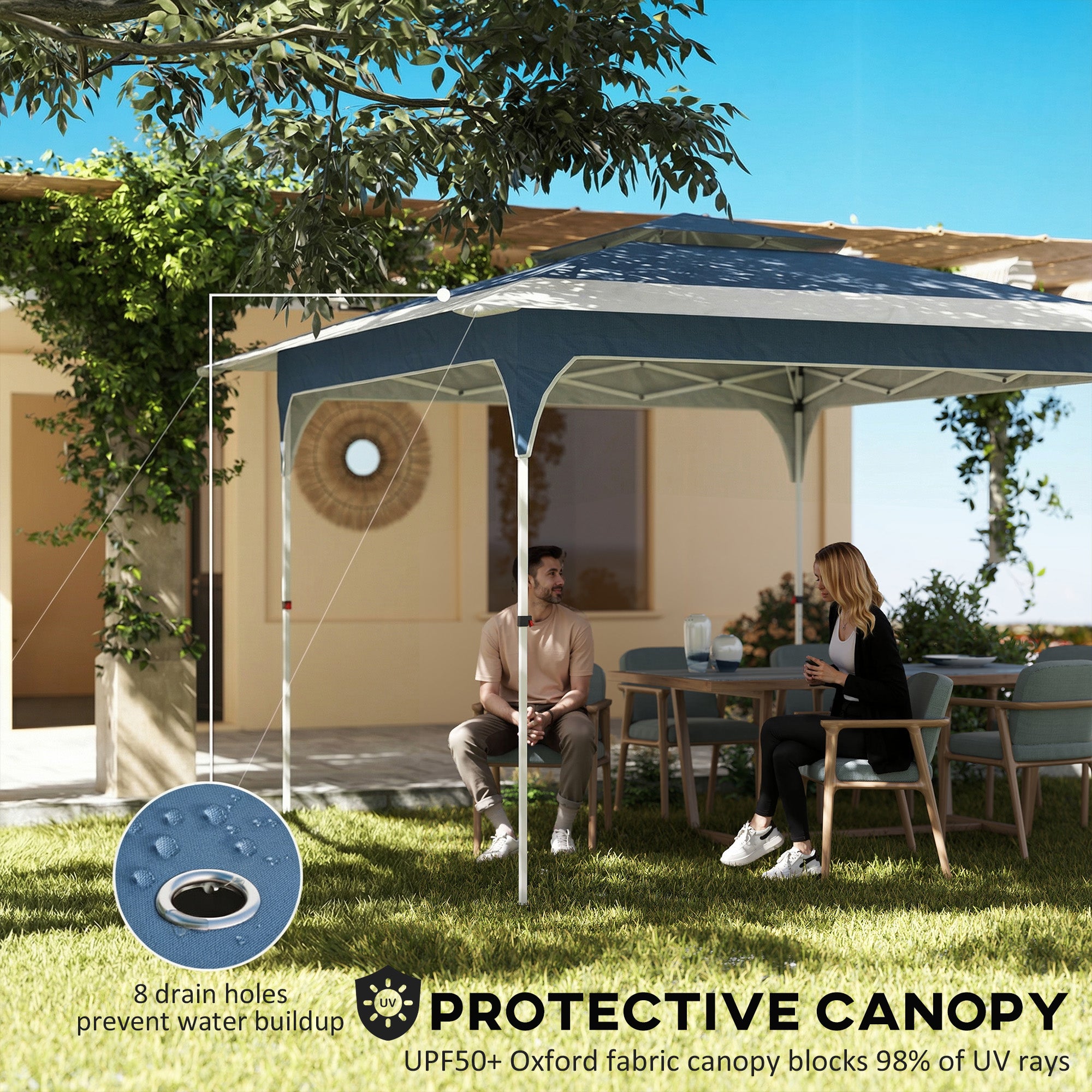 Outsunny 3.5 x 3.5 m Pop Up Gazebo with One-Push Setup, UPF50+ Double Tier Garden Party Tent Marquee with Carry Bag, Blue 