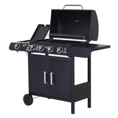 Outsunny 4+1 Burner Gas BBQ Grill, Outdoor Barbecue Trolley with Wheels, Warming Rack, Side Shelves, Cabinet, Thermometer for Garden, Party, Camping, 125 L x 51 W x 100 H cm, Black 
