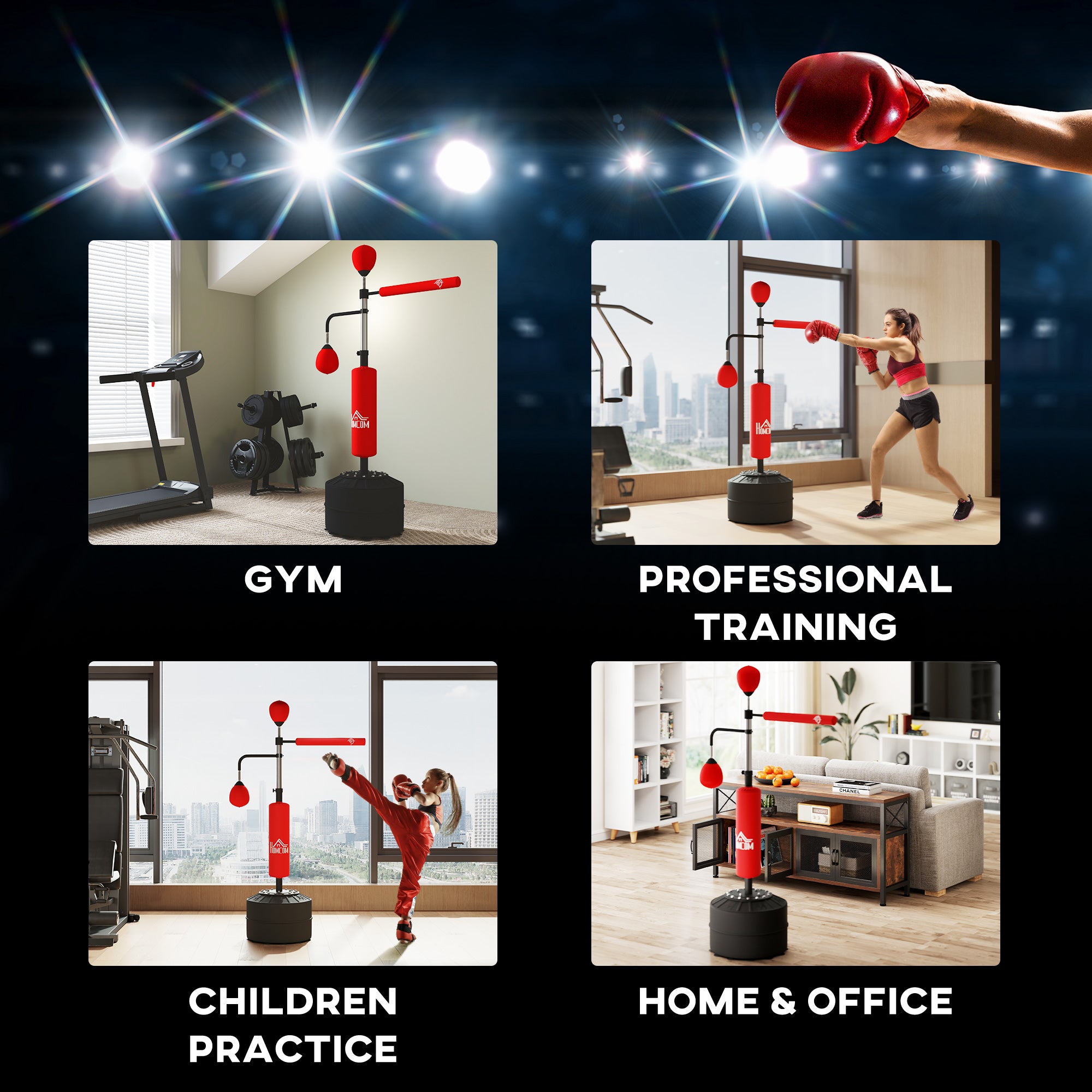 HOMCOM 3-in-1 Boxing Punching Bag, Freestanding with 2 Speed Bals, 360\'c2\'b0 Reflex Bar, 160-230cm Adjustable Height, Red