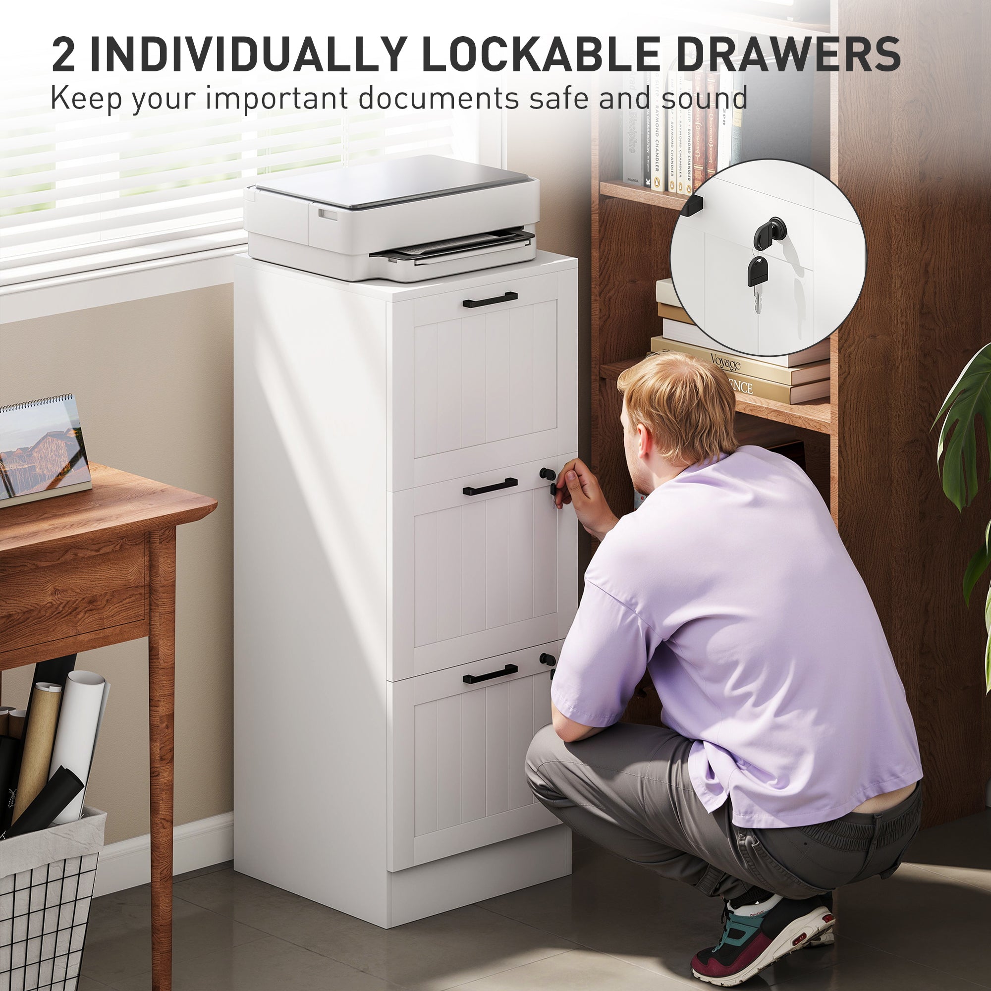 HOMCOM 3 Drawer Filing Cabinet with Lock, Office Storage Cabinet with Adjustable Hanging Bars for A4 Letter Size Files, White 