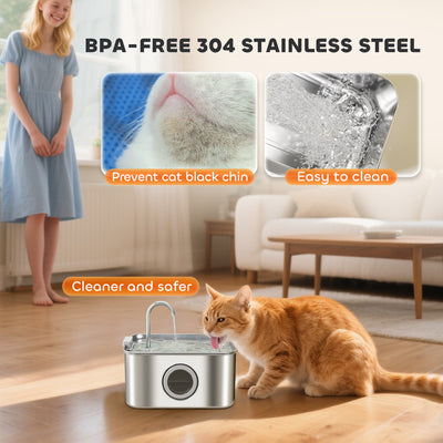 PawHut 3.2L Cat Water Fountain for Drinking, Cat Fountain Stainless Steel with Visible Water-Level Window, Ultra-Silent Pump 