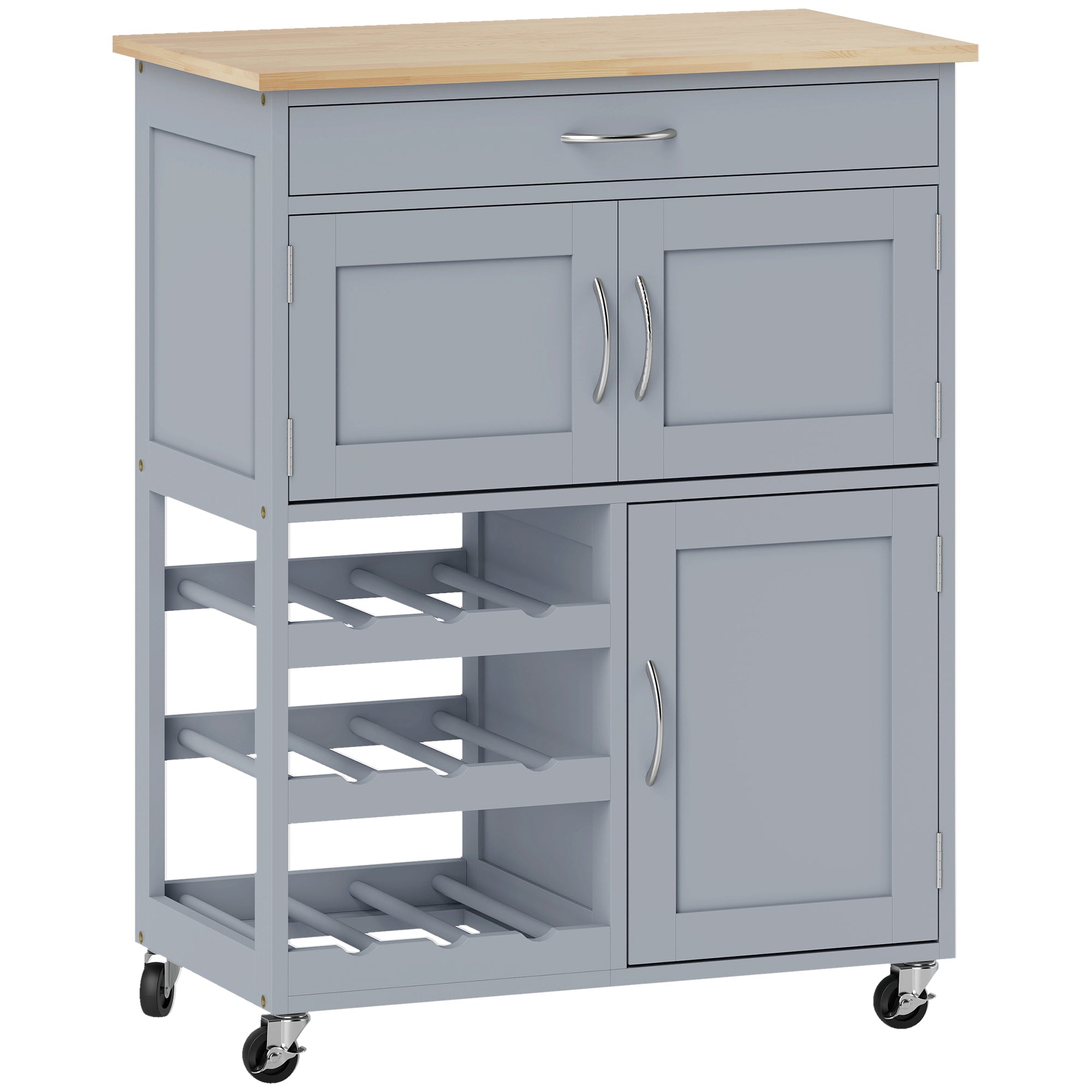 HOMCOM Modern Kitchen Trolley, Rolling Island Storage Cart with Drawer, 9-bottle Wine Rack, Door Cabinets, Wooden Countertop, Grey 