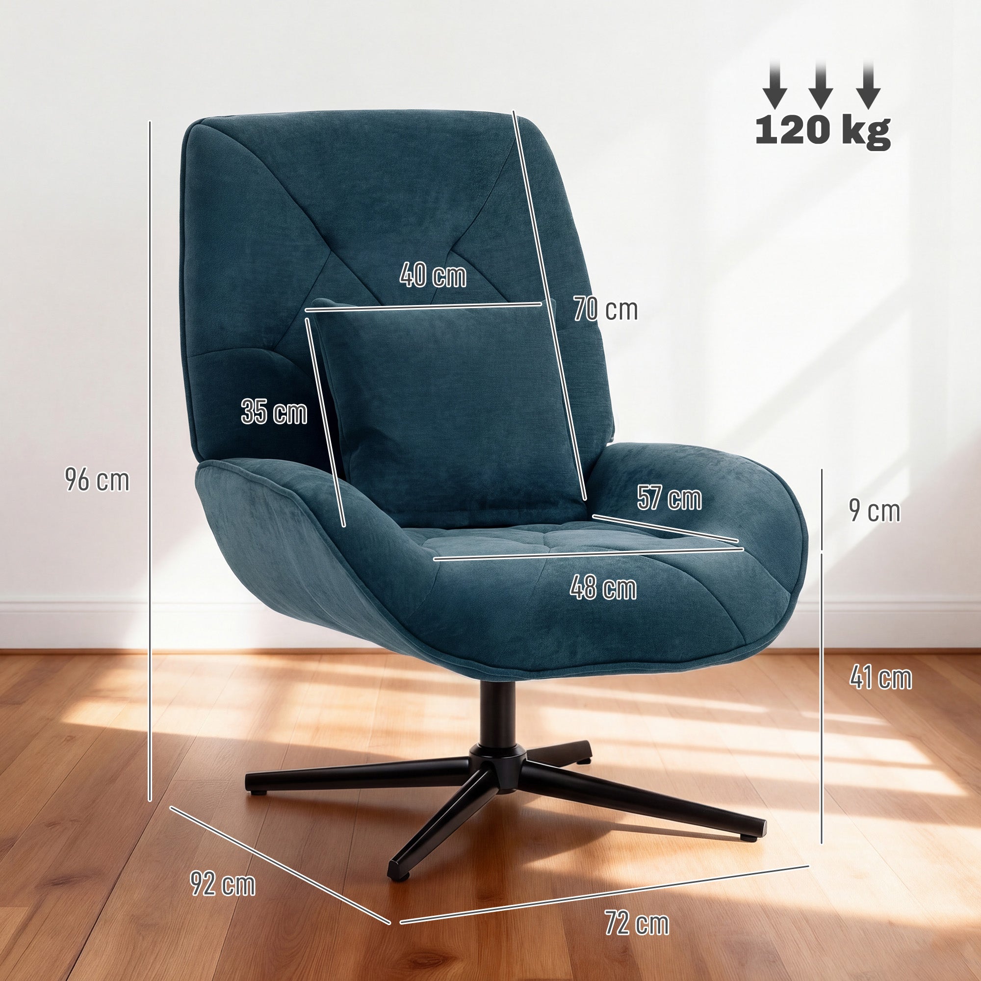 HOMCOM Accent Chair, Chenille Upholstered Swivel Armchair with Lumbar Pillow, High Back, Deep Seat and Metal Legs, Dark Green 